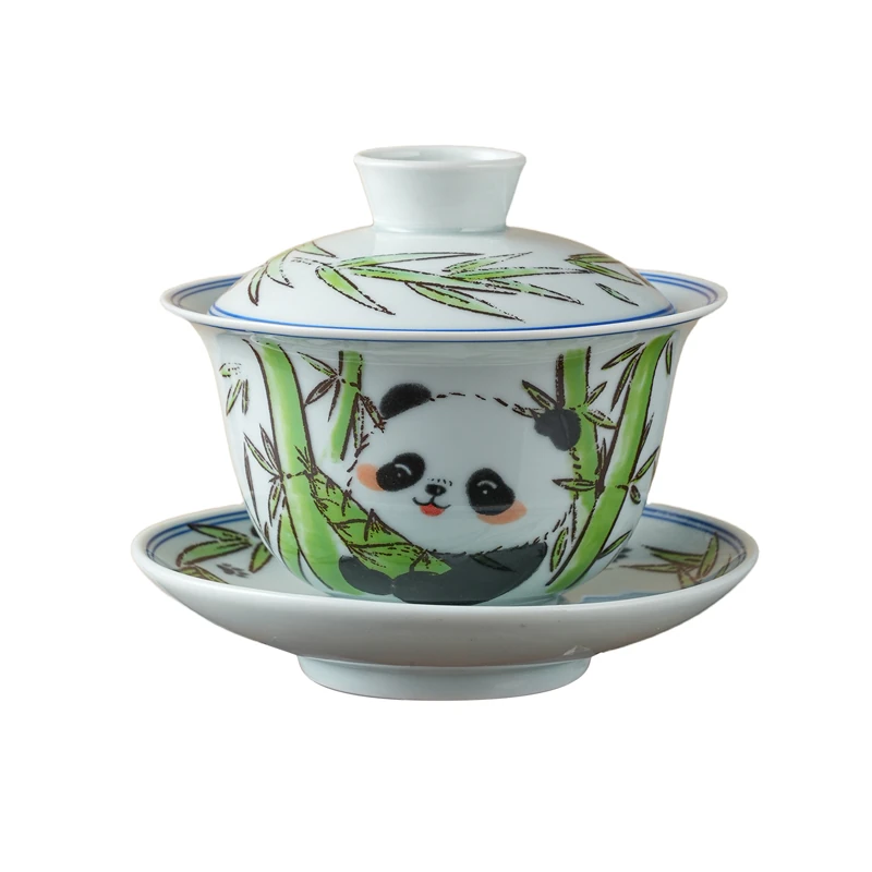 熊猫竹叶图案盖碗，含碗盖、茶碗与茶托